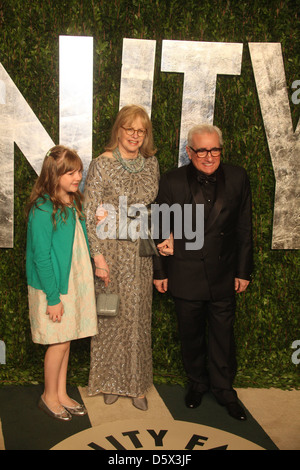 Martin Scorsese, his daughter Francesca Scorsese and his wife Helen Morris 2012 Vanity Fair Oscar Party at Sunset Tower Hotel - Stock Photo