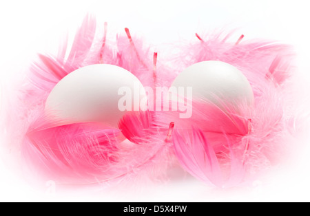 White eggs with pink feathers on a white background Stock Photo