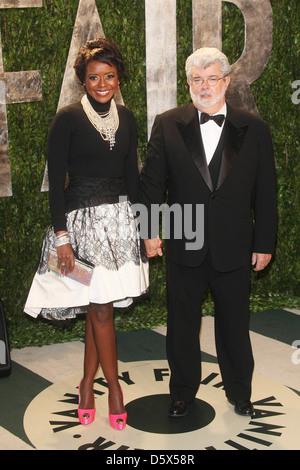 Director George Lucas and wife Mellody Hobson 2012 Vanity Fair Oscar Party at Sunset Tower Hotel - Arrivals West Hollywood, Stock Photo