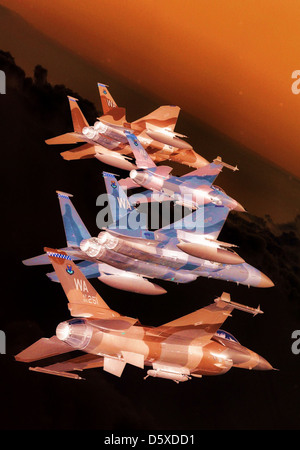 Flight of 'Aggressor' McDonnell Douglas F-15 'Eagles' and General Dynamics F-16 'Fighting Falcons' in formation over the Nevada Test and Training Ranges on June 5, 2008. The jets are assigned to the 64th and 65th 'Aggressor Squadrons' at Nellis AFB. Stock Photo