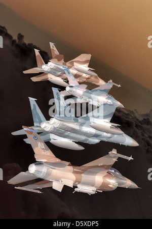 Flight of 'Aggressor' McDonnell Douglas F-15 'Eagles' and General Dynamics F-16 'Fighting Falcons' in formation over the Nevada Test and Training Ranges on June 5, 2008. The jets are assigned to the 64th and 65th 'Aggressor Squadrons' at Nellis AFB. Stock Photo