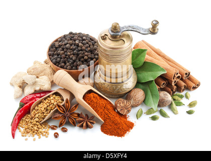 composition with different spices and herbs isolated on white background Stock Photo