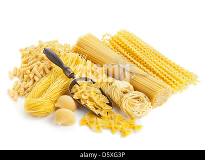 assortment of uncooked pasta isolated on white background Stock Photo