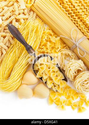 assortment of uncooked pasta on white background Stock Photo