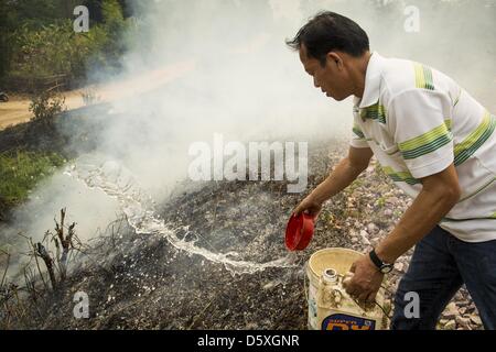 April 9, 2013 - Khuntan, Lamphun, Thailand - An assistant village headman from Khuntan, Lamphun province, throws water on a grassfire burning on a roadside in the community. The ''burning season,'' which roughly goes from late February to late April, is when farmers in northern Thailand burn the dead grass and last year's stubble out of their fields. The burning creates clouds of smoke that causes breathing problems, reduces visibility and contributes to global warming. The Thai government has banned the burning and is making an effort to control it, but the farmers think it replenishes their  Stock Photo