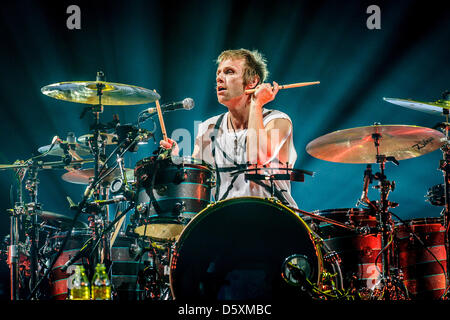 Toronto, Ontario, Canada. 9th April 2013. Drummer of English rock band Muse, DOMINIC HOWARD on stage of Air Canada Centre in Toronto (Credit Image: Credit:  Igor Vidyashev/ZUMAPRESS.com/Alamy Live News) Stock Photo