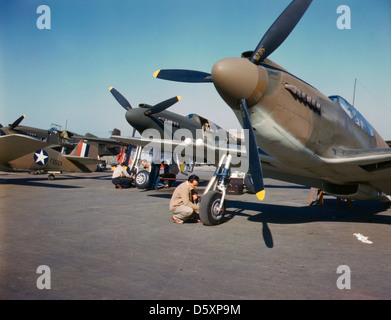 North American P-51 'Mustangs' being prepared for test flight, North American Aviation, Inc., Inglewood, California, United States, Oct. 1942. Stock Photo