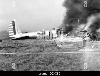 The Boeing (Model 299) on fire after its crash at Wright Field on Oct. 30, 1935. Stock Photo