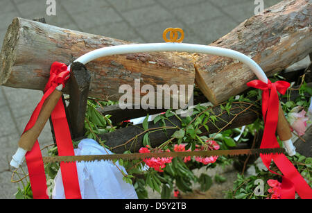 A saw hangs on a sawhorse holding a trunk of wood that the newly-weds have just sawed through after their wedding ceremony in Sieversdorf, Germany, 01 September 2012. Photo: Patrick Pleul Stock Photo