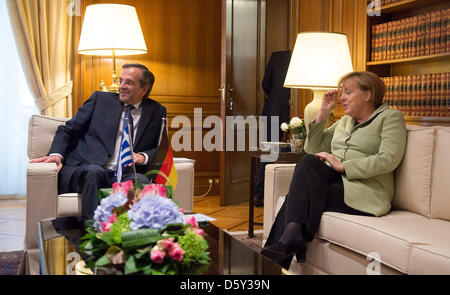 Greek Premier Antonis Samaras meets German Chancellor Angela Merkel in Athens, Greece, 09 October 2012. German Chancellor Merkel is on a visit to Greece for the first time after the beginning of the Euro debt crisis. Photo: HANNIBAL Stock Photo