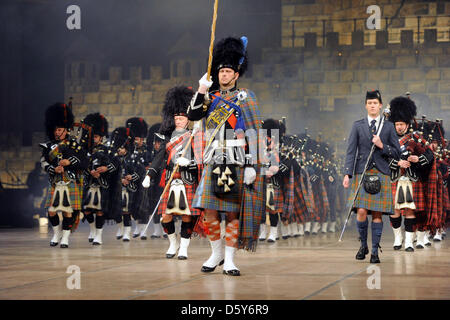 120 Scottish bagpip players perform during the 'Music Show Scotland' in Saarbruecken, Germany 13 October 2012. Photo: Becker&Bredel Stock Photo