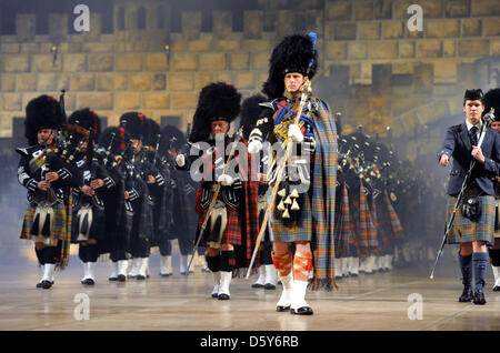 120 Scottish bagpip players perform during the 'Music Show Scotland' in Saarbruecken, Germany 13 October 2012. Photo: Becker&Bredel Stock Photo