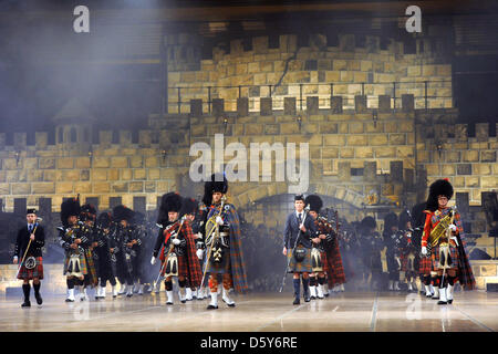 120 Scottish bagpip players perform during the 'Music Show Scotland' in Saarbruecken, Germany 13 October 2012. Photo: Becker&Bredel Stock Photo