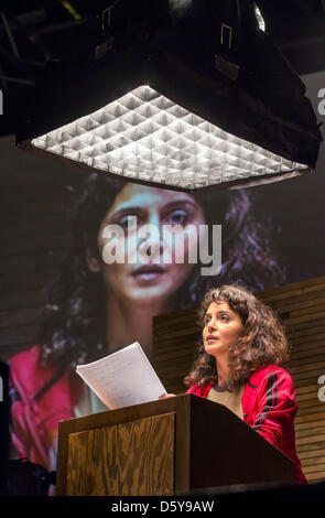 German-Turkish actress Sascha O. Soydan rehearses the reading 'Breivisks Erklaerung' ('Breivik's Declaration') under  the direction of Milo Rau in Weimar, Germany, 18 October 2012. The Swiss director is already causing an uproar before the premiere of the production about the Norwegian mass murderer Breivik on 19 October 2012. Statements blocked to the public will also be read. The Stock Photo