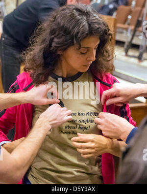 German-Turkish actress Sascha O. Soydan prepares for the reading of 'Breivisks Erklaerung' ('Breivik's Declaration') under  the direction of Milo Rau in Weimar, Germany, 18 October 2012. The Swiss director is already causing an uproar before the premiere of the production about the Norwegian mass murderer Breivik on 19 October 2012. Statements blocked to the public will also be rea Stock Photo