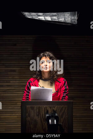 German-Turkish actress Sascha O. Soydan rehearses the reading 'Breivisks Erklaerung' ('Breivik's Declaration') under  the direction of Milo Rau in Weimar, Germany, 18 October 2012. The Swiss director is already causing an uproar before the premiere of the production about the Norwegian mass murderer Breivik on 19 October 2012. Statements blocked to the public will also be read. The Stock Photo