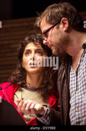 Swiss director Milo Rau and German-Turkish actress Sascha O. Soydan rehearse the reading of 'Breivisks Erklaerung' ('Breivik's Declaration') under  the direction of Milo Rau in Weimar, Germany, 18 October 2012. The Swiss director is already causing an uproar before the premiere of the production about the Norwegian mass murderer Breivik on 19 October 2012. Statements blocked to the Stock Photo