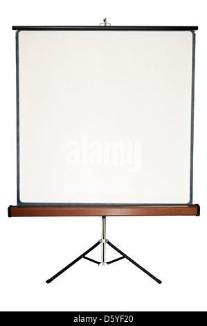 Old blank presentation, slides, movie or projector roller screen on a tripod. Stock Photo