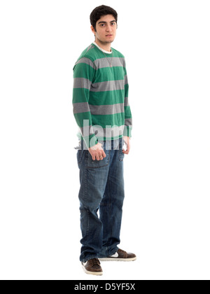 Full length portrait of young man with hands in pockets isolated on white background Stock Photo