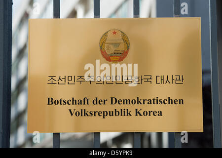 The sign on the door indicates the emabssy of the Democratic People's Republic of Korea in Berlin, Germany, 9 October 2012. Photo: Robert Schlesinger Stock Photo