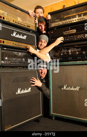 Basti (TOP-BOTTOM), Simon, Malte and Djavani of music band Tree Inc. pose in a music store in Muenster, Germany, 02 November 2012. The pop group competes in the final of the 'local heroes' in Salzwedel on 03 November 2012. Photo: Friso Gentsch Stock Photo