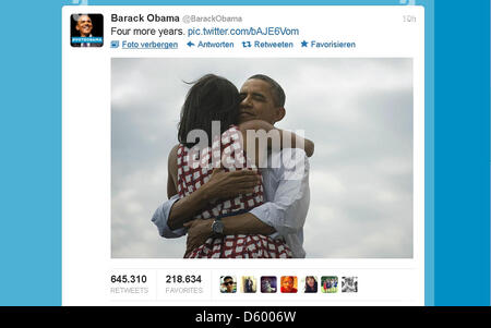 A screenshot shows the Twitter account of US President Barack Obama on which he writes 'Four more years.' in Berlin, Germany, 07 November 2012. The number of retweets rose from 96586 to an astonishing 645310 within ten hours. US President Barack Obama has benn reelected. Photo: Twitter/dpa ( - . MANDATORY CREDIT.) Stock Photo