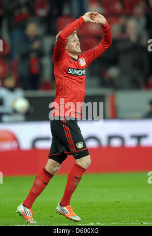 Leverkusen's Andre Schürrle celebrates after scoring the 2-0 lead during the UEFA Europa League group K soccer match between Bayer Leverkusen and Rapid Vienna at BayArena stadium in Leverkusen, Germany, 08 November 2012. Photo: Federico Gambarini/dpa  +++(c) dpa - Bildfunk+++ Stock Photo