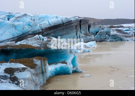 The blue ice of the Skaftafellsjokull glacier in Iceland ending in a lake Stock Photo