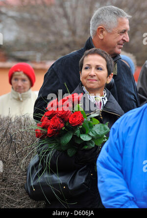 Daughter of Eva Wolf Felicite Vavreckova is seen during the unveiling of the monument Righteous Among the Nations and victims of holocaust in Trsice, Czech Republic, March 10, 2013. Other memorial stone was unveiled there last year. It was near to the forest shelter which was hiding a Jewish family Wolf in 1942-1945. The story of this family became famous in the world thanks Diary of Otto Wolf, equated to the Diary of Anne Frank. (CTK Photo/Ludek Perina) Stock Photo