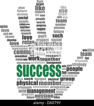 success hand symbol with tag cloud of word Stock Photo