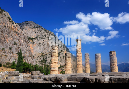 Site of Delphi oracle with Apollo Temple, ancient landmark of Greece Stock Photo