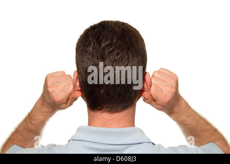 Ear massage reflexology seen from the back of a mans head. Caucasian man backside of his head self massaging both ears by his hands with reflexology. Stock Photo