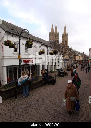 Truro street with Cathedral in the background, Cornwall, UK 2013 Stock Photo