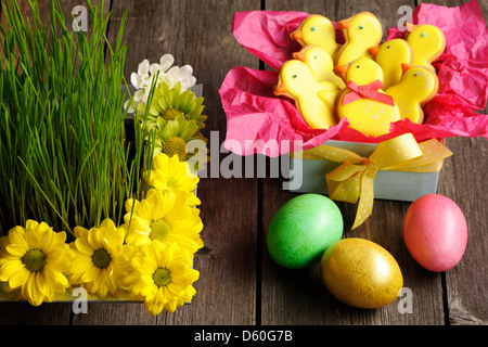 Easter homemade gingerbread cookie and eggs Stock Photo