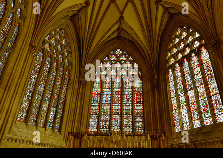 Stained glass windows in the Lady Chapel, Wells Cathedral, Somerset, England Stock Photo