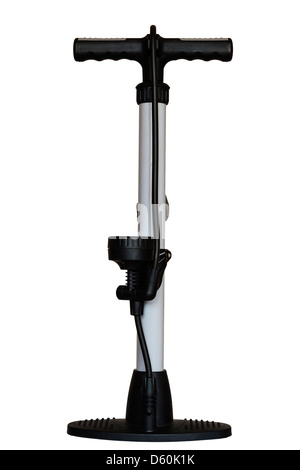 A high pressure floor bike pump with dual head on a white background Stock Photo