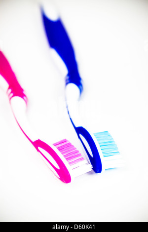 Pink and blue his and hers toothbrushes Stock Photo