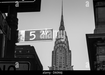 Street sign 5th Avenue, Fifth Avenue, Road Sign with Chrysler Building, New York City, New York, USA, public ground Stock Photo