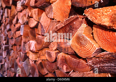 Close up with selective focus of a pile of chopped firewood or logs Stock Photo