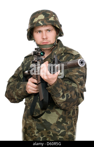 Armed soldier pointing m16. Upperhalf Stock Photo