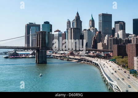 Cityscape of Lower Manhattan with Brooklyn bridge, New York city, New York, USA - Image taken from public ground Stock Photo