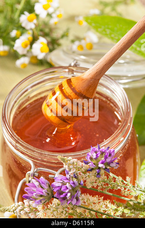 Organic honey in a glass jar and dipper Stock Photo