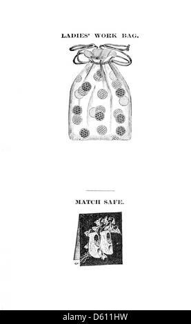 An 1886 photograph of an instructional book for women on silk embroidery. The book contains engraved patterns for various embroidery techniques, focusing on artistic designs and offering practical guidance for creating decorative work. Stock Photo