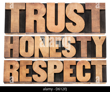 trust, honesty, respect - isolated words in vintage letterpress wood type printing blocks Stock Photo
