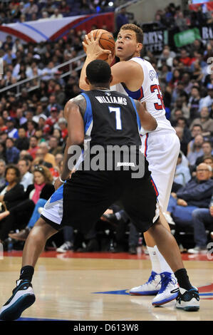 Los Angeles, California, USA. 10th April 2013. Los Angeles Clippers power forward Blake Griffin #32 looks to pass as Minnesota Timberwolves power forward Derrick Williams #7 defends the ball in the first half of the NBA Basketball game between the Minnesota Timberwolves and the Los Angeles Clippers at Staples Center in Los Angeles, California..Louis Lopez/CSM/Alamy Live News Stock Photo