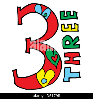 childish graffiti numerals, doodle number 3 isolated on white background Stock Photo