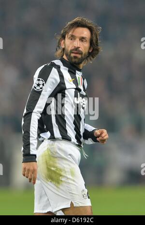 Turin, Italy. 10th April 2013. Juventus' Andrea Pirlo looks on during the UEFA Champions League quarter final second leg soccer match between Juventus Turin and FC Bayern Munich at Juventus Stadium in Turin, Italy, 10 April 2013. Photo: Andreas Gebert/dpa/Alamy Live News Stock Photo