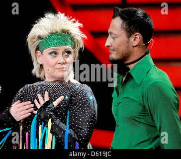 FILE - A file photo dated 14 March 2012 shows Danish singer Gitte Haenning and dancing professional Gennady Bondarenko standing on stage during the dancing show 'Let's Dance' of private broadcaster RTL at the Coloneum in Cologne, Germany. Haenning (65) left the show after her sister Jette died on 01 April 2012, RTL reported on 10 April 2012. Photo: Henning Kaiser Stock Photo