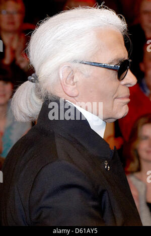 Karl Lagerfeld poses after the talkshow 'Markus Lanz' of German boradcaster ZDF in Hamburg, Germany, 12 April 2012. The show is presented on German television on 19 April 2012. Photo: Georg Wendt Stock Photo
