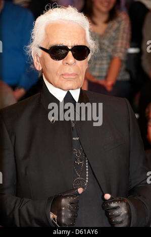 Karl Lagerfeld poses after the talkshow 'Markus Lanz' of German boradcaster ZDF in Hamburg, Germany, 12 April 2012. The show is presented on German television on 19 April 2012. Photo: Georg Wendt Stock Photo
